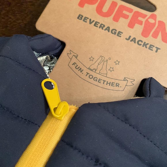 Puffin Dining Puffin Beverage Jacket Navy With Yellow Zip Koozie